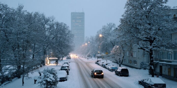 Snowy urban evening scene with illuminated street and tall building