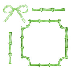 Green square frame of watercolor bamboo stems, border for the design and decoration of banners, invitations, and postcards.
