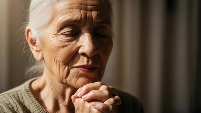 Elderly woman with white hair praying quietly indoors in soft light  