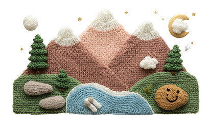 Flat-Lay Knitted Mountain Nature Scene with Snowcapped Peaks, Moon, Stars, Pine Trees, River, Clouds, Moss, and Campsite Rock