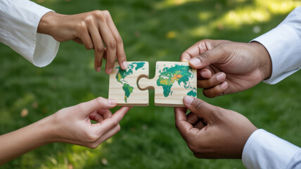 Diverse hands connecting two wooden puzzle pieces forming a world map, symbolizing global partnership and teamwork