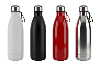 Four sleek insulated reusable water bottles in different colors. isolated on transparent background