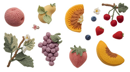 Flat-Lay Knitted Orchard Harvest with Fruits and Blossoms on White Background