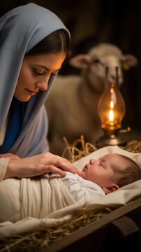Mary gazing at baby Jesus in a manger with a sheep nearby  