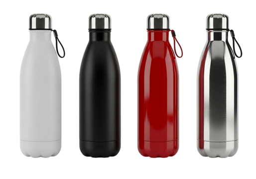Four sleek insulated reusable water bottles in different colors. isolated on transparent background