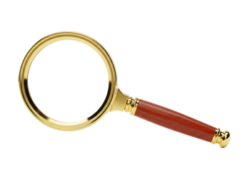 Classic magnifying glass with golden frame and elegant wooden handle isolated on transparent background
