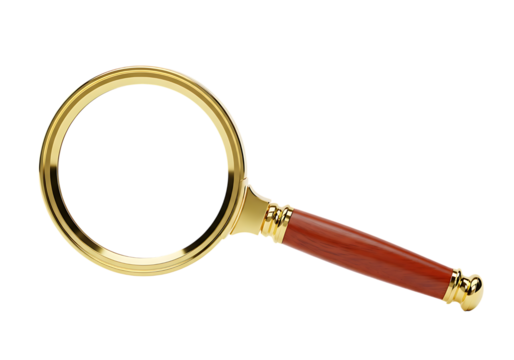 Classic magnifying glass with golden frame and elegant wooden handle isolated on transparent background