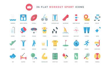 Gym equipment for fitness exercises and yoga, shoes for running of athlete, health mobile app and scales to measure and control weight. Sports workout trendy flat icons set vector illustration