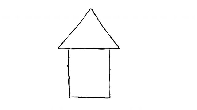 Hand-drawn house and tree animation, simple sketch line art, black ink doodle home with tall pine tree, minimal illustration for explainer videos and creative projects, 4k