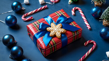 A christmas gift with blue ribbon and snowflake cookie surrounded by ornaments and candy canes on blue