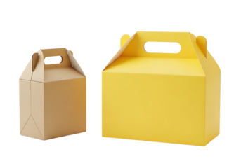 Empty brown and yellow cardboard gift boxes with easy carry handles isolated on transparent background