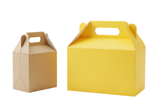 Empty brown and yellow cardboard gift boxes with easy carry handles isolated on transparent background