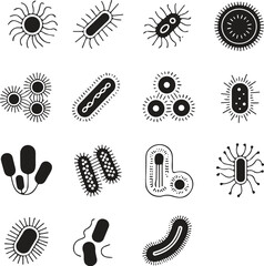 Bacteria and Virus Icon Set Collection Microbiology Germs Pathogen Cells Illustration Infographic Disease Science Biology Medical Health Microbe Organism Black White Vector Graphic