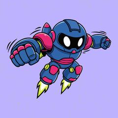 Adorable robot showing off a funny pose, illustrated in a vibrant flat vector style with simple shapes and expressive character design.