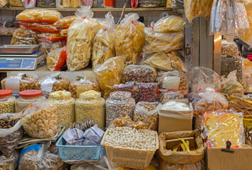 Dried Food in Bulk Bags Preserved Goods Shop at Farmers Market in Hong Kong