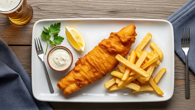 Overhead shot of fish and chips served on a white plate with lemon, parsley, tartar sauce, and a glass of beer.