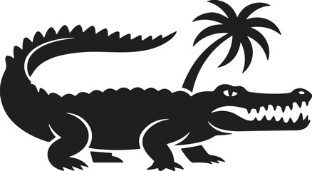 Stylized Crocodile or Alligator Silhouette Vector Illustration, Standing Beside a Palm Tree, Depicting Tropical Wildlife, Exotic Reptiles, Swamp Habitat, and Mascot Design.