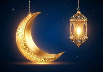 Golden crescent moon and lantern hanging against a dark blue background