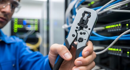 Technician holding network crimping tool in a server room with cables