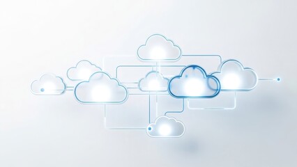 Connected cloud network showing data transfer. Abstract server computing concept. Digital technology infrastructure for storage and communication.