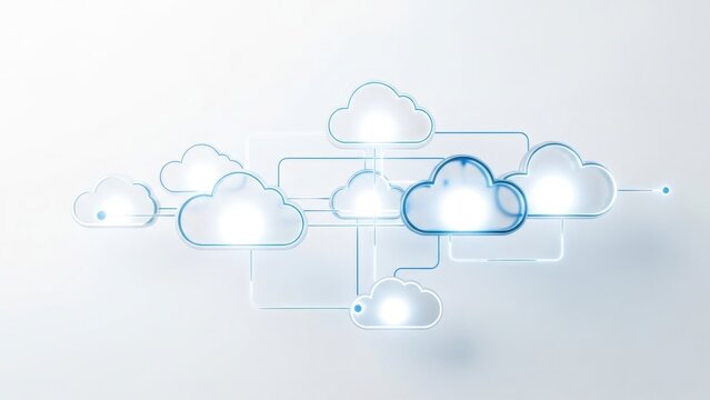 Connected cloud network showing data transfer. Abstract server computing concept. Digital technology infrastructure for storage and communication.