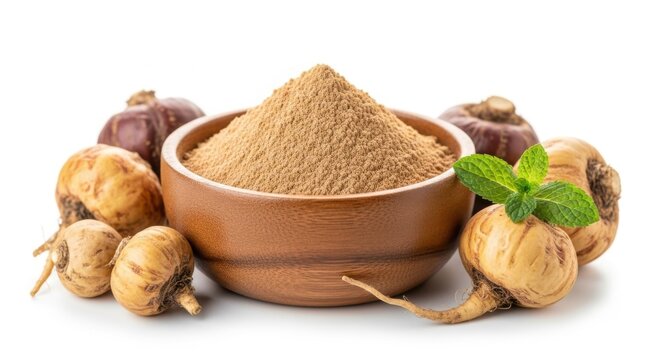 Maca powder in a bowl surrounded by maca roots isolated on white background isolated on transparent background