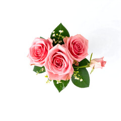 Three Pink Roses Arrangement with Greenery - Elegant Floral Bouquet on White