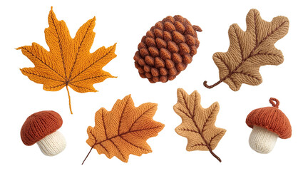 Knitted Nature Composition with Maple Leaf, Pinecone, Acorn, Oak Leaf, and Mushroom Wool Art on White Background – Handcrafted Wool Illustration
