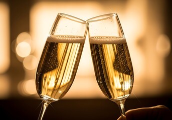 Champagne toast celebration two flutes clinking against a warm blurred background