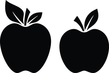Two Detailed Apple Silhouettes Vector Illustration Set, Featuring Leaves and Stems, Ideal for School, Healthy Eating, Organic Food Packaging, and Simple Graphics Design.