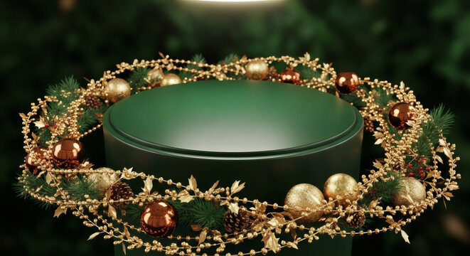 Elegant Christmas product display with gold ornaments and pine, perfect for showcasing festive holiday promotions or seasonal product launches with style and charm - Powered by Adobe