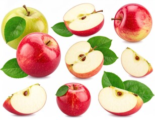 Vibrant Assortment of Fresh Red and Green Apples with Leaves on White Background