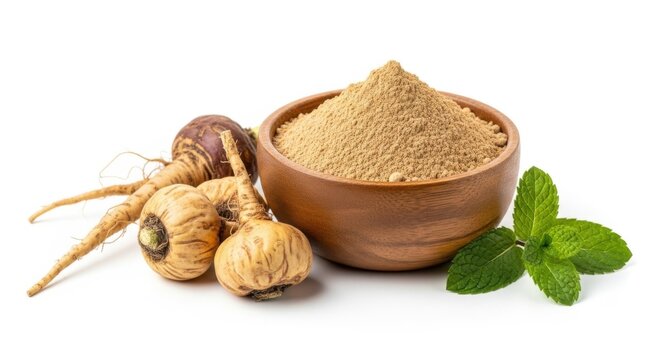 Maca root powder and fresh maca roots isolated on white background isolated on transparent background