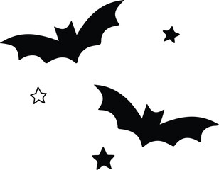 Simple Halloween Themed Silhouette Vector Graphic, Featuring Two Flying Bats and Minimalist Stars, Perfect for Spooky Decorations, Parties, and Seasonal Designs.