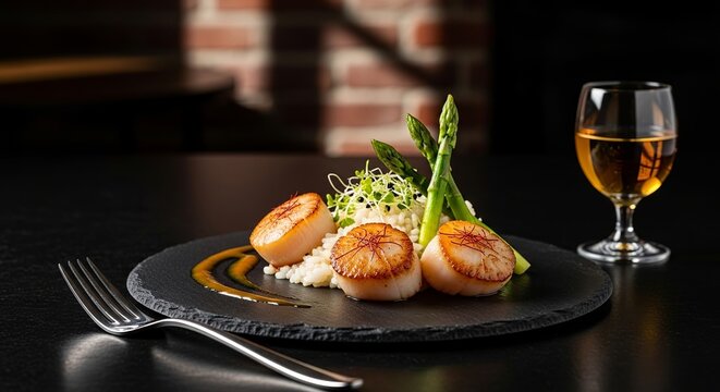 Seared scallops with asparagus and rice, served with white wine - Powered by Adobe