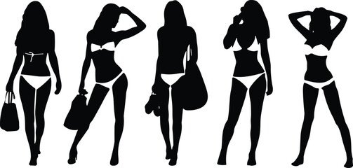Set of Five Female Model Silhouettes Vector Illustration in Bikinis and Swimwear, Posing with Beach Bags, Capturing Summer Vacation and Resort Fashion Aesthetics.