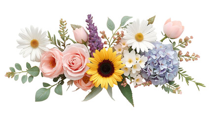 Top-View Kawaii Floral Bundle with Daisy, Rose, Lavender, Tulip, Sunflower, Hydrangea & Leaf Branch Illustration