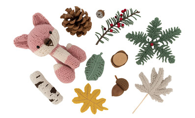 Top-View Luxurious Kawaii Knitted Forest Bundle with Fox, Pinecone, Berries, Fern, Birch Leaf, Log Slice, Acorn, Mushroom, and Winter Leaf