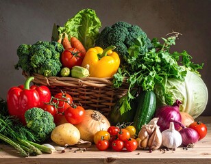 Vibrant Assortment of Fresh Vegetables in Rustic Basket
