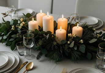 Elegant table setting with candles and greenery for a festive celebration