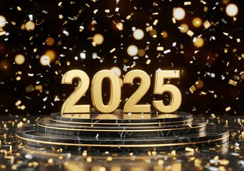 Golden 2025 new year on a stage with confetti and bokeh lights