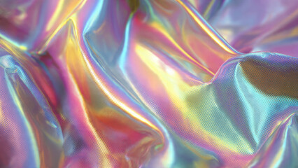 Iridescent, holographic fabric abstract background. Glossy, crumpled surface shimmers with vibrant shifting colors, creating an ethereal and futuristic visual texture.