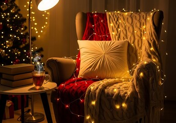 Cozy christmas evening scene with armchair lights and decorated tree