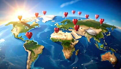 Heart-shaped arrangement of map pins on a subtle world backdrop
