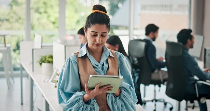 Business, woman and scroll on tablet in office for story review, fact checking and article feedback. Coworking, editor and tech at publishing agency for proofreading, editing and submission schedule