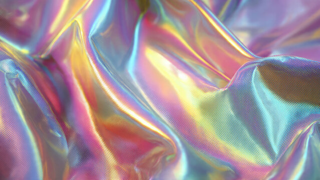 Iridescent, holographic fabric abstract background. Glossy, crumpled surface shimmers with vibrant shifting colors, creating an ethereal and futuristic visual texture.