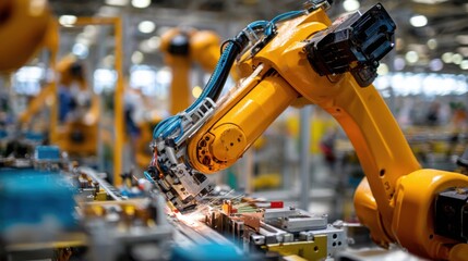 A robotic arm is actively assembling components on a conveyor belt in a high-tech manufacturing environment. Bright lights illuminate the workspace, showcasing advanced technology at work.