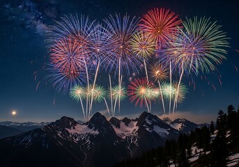 Vibrant fireworks display over mountain peaks under a starry night sky