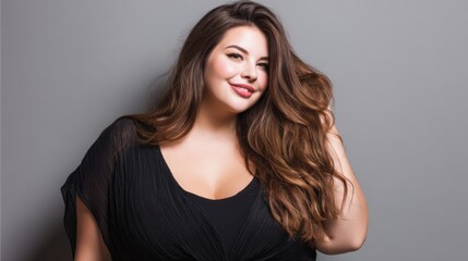 Fototapeta premium A confident model poses with a warm smile, highlighting her long hair while wearing a stylish black outfit. The neutral backdrop emphasizes her radiant presence and style.