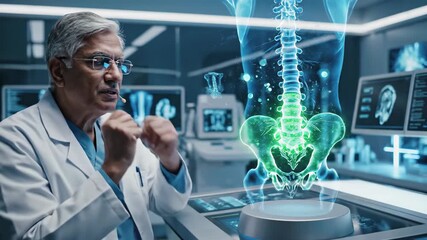 Doctor Explains Spinal Scan Hologram in Modern Clinic, Advanced Medical Technology - Powered by Adobe
